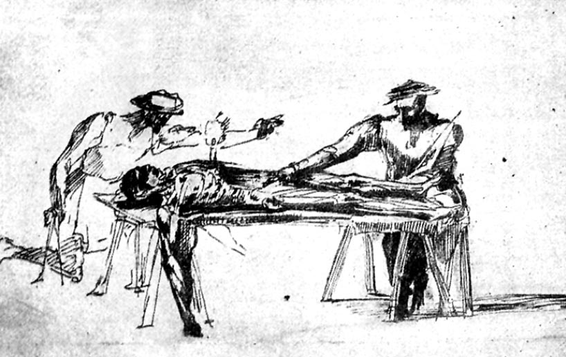 Bernardino Capitelli, Anatomische Sektion, ca. 1604-1639 — Die Schwarz-Weiß Radierung im Querformat ist eine Reproduktion und zeigt zwei Männer mit Messinstrumenten an einem Tisch. Darauf liegt eine Leiche. Der Tisch besteht aus einer Platte auf zwei niedrigen Böcken. Sie ist so lang wie die Leiche darauf. Die Leiche liegt auf dem Rücken. Ihr rechter Arm hängt über die Tischkante herab. Die Hand berührt den Boden. Der Bauchraum ist geöffnet. Er erscheint dunkel. Eine kleine brennende Kerze ist in den Brustkorb des Leichnams am unteren Ende des Brustbeins eingelassen. Hinter dem Kopfende des Tisches kniet einer der Männer. Mit der rechten Hand hat er sich auf einen Zirkel gestützt. Die Enden des Zirkels stehen auf dem Boden. Den linken Arm hat er in Richtung des anderen Mannes am Fußende des Tisches ausgestreckt. Sein Oberkörper scheint unbekleidet zu sein. Er trägt einen Schurz und einen flachen Hut mit breiter Krempe. Kopf und Hals des Mannes sind schwarz gezeichnet. Gesichtszüge sind nicht zu erkennen. Der Mann am Fußende sitzt auf einem Hocker. In seiner linken Hand hält er die Spitze eines Dreieckslineals, dass über seine Schulter ragt. Den rechten Arm hat er ausgestreckt. Die Hand befindet sich in der Bauchhöhle der Leiche. Der Mann trägt ein Oberteil mit gepolsterten Ärmelansätzen an den Oberarmen. Ein flacher Hut mit breiter Krempe beschattet Teile seines Gesichts. —— Bernardino Capitelli, Anatomical Dissection, ca. 1604-1639 — This black-and-white etching in landscape format is a copy and shows two men with measuring instruments at a table. A corpse is lying on it. The table is as long as the cadaver lying on it and consists of a plate on two low trestles. The corpse is lying on its back. Its right arm hangs down over the edge of the table and its hand is touching the floor. The abdominal cavity is open and appears dark. There is a small lit candle inserted into the corpse’s ribcage at the bottom of the sternum. Behind the head of the table, one of the men is kneeling. With his right hand, he has supported himself on a compass. The ends of the compass are on the floor. His left arm is stretched out towards the other man at the foot of the table. His upper body appears to be unclothed. He is wearing an apron and a flat hat with a wide brim. The man's head and neck are heavily etched in black. His facial features are not visible. The man at the foot of the table is sitting on a stool. In his left hand, he is holding the tip of a triangular ruler that is sticking out over his shoulder. His right arm is stretched out and his hand is in the corpse’s abdominal cavity. The man is wearing a top with padded sleeve attachments on the upper arms. A flat hat with a wide brim shades parts of his face.